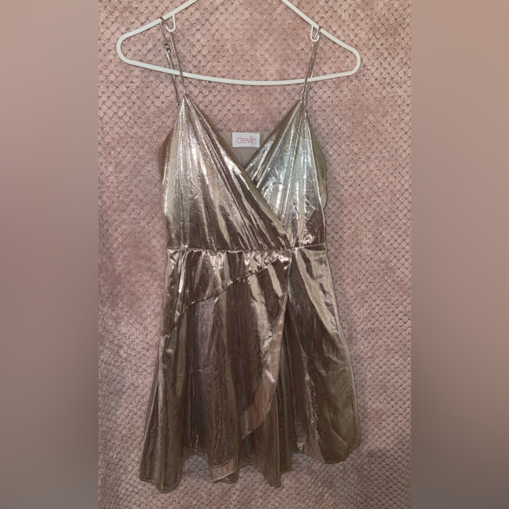 Devlin gold rose metallic mini flowy dress metallic thin strap gold dress